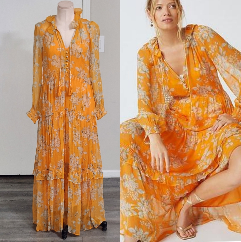 New!Anthropologie Tge Marais Printed ‎ Chiffon Maxi Dress Floral - Picture 2 of 14